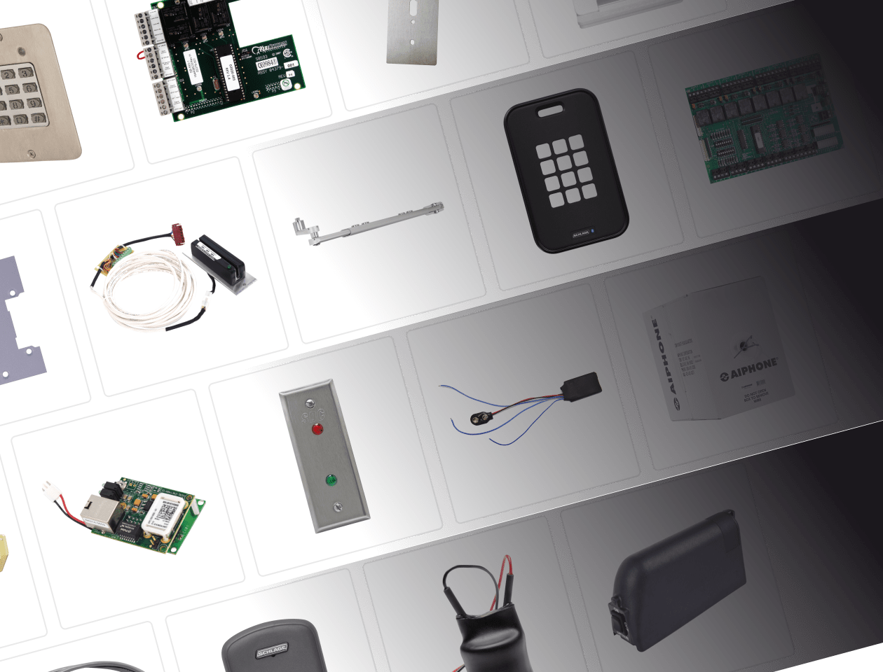 A grid of various hardware accessory parts