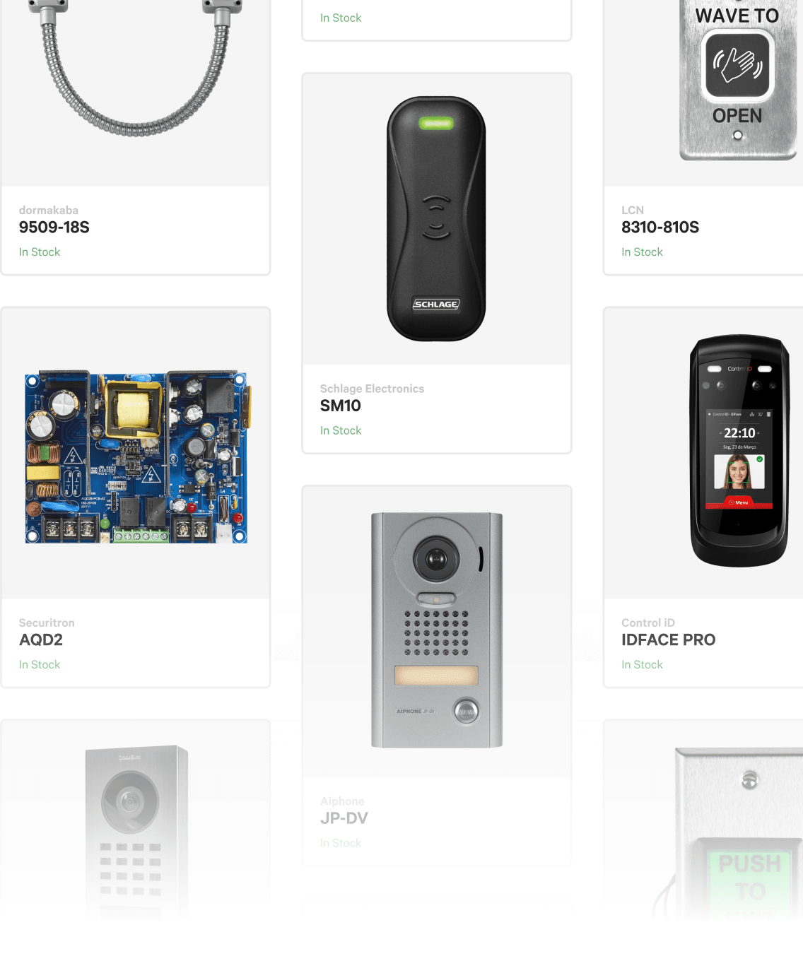 A grid of various access control product cards, each featuring a photo, a brand and model number, and 'In Stock'