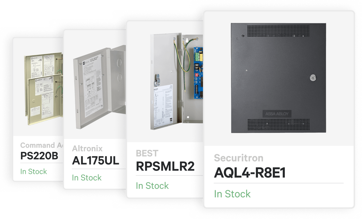 Four power supply product cards featuring an image, model number, and stock status