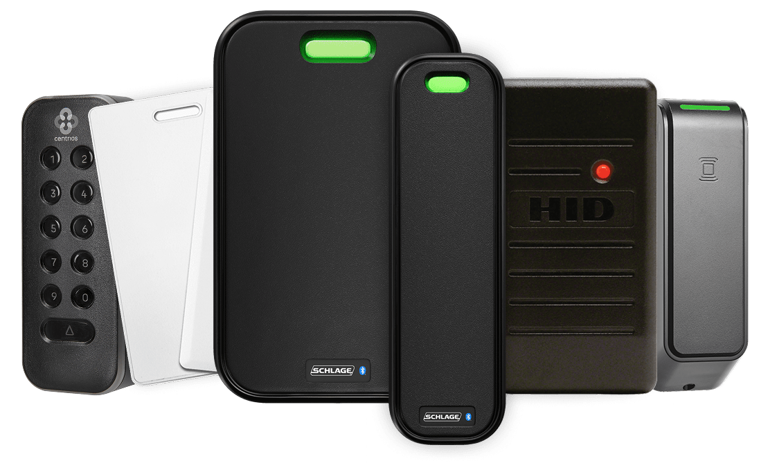 An assortment of reader/credential devices standing next to each other