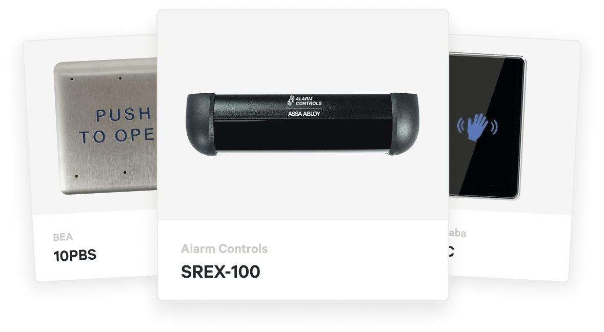 Three door sensor product cards featuring an image, model number, and stock status