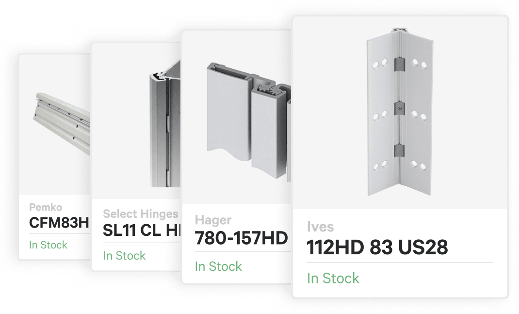 Four continuous hinge product cards featuring an image, model number, and stock status