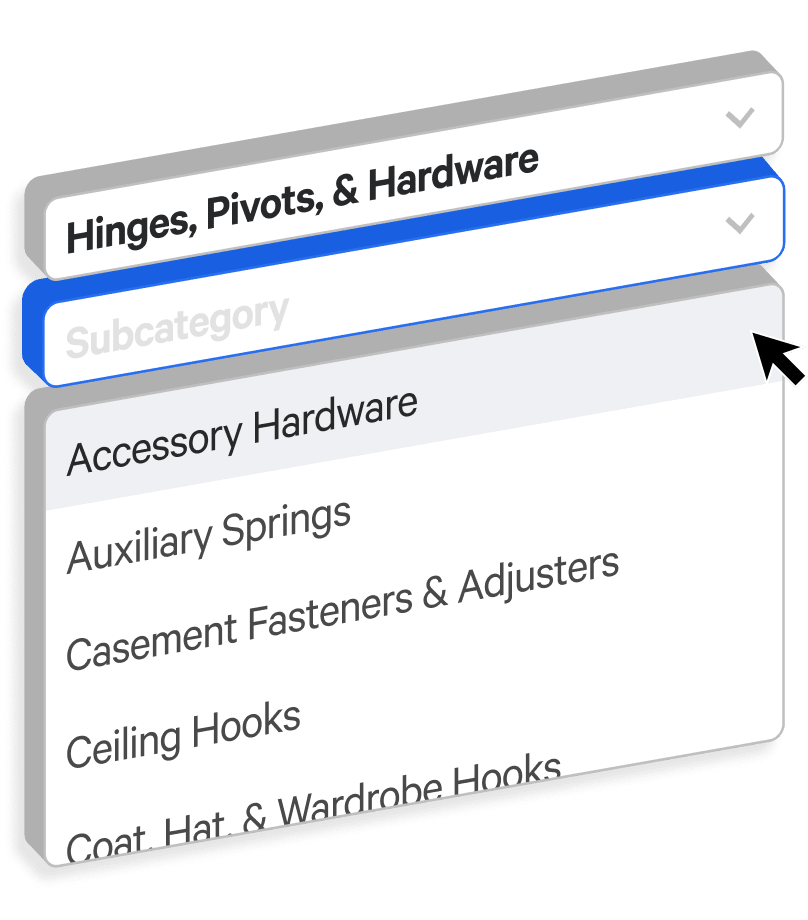 Screenshot of a Hinges, Pivots, and Hardware filtering input showing some subcategories