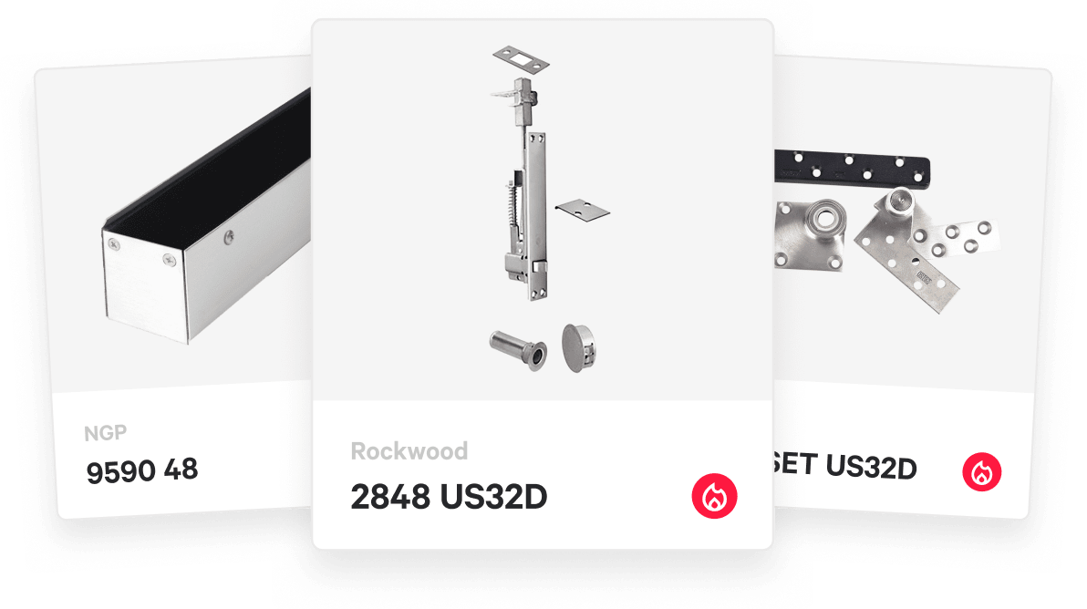 Three listed fire door hardware product cards