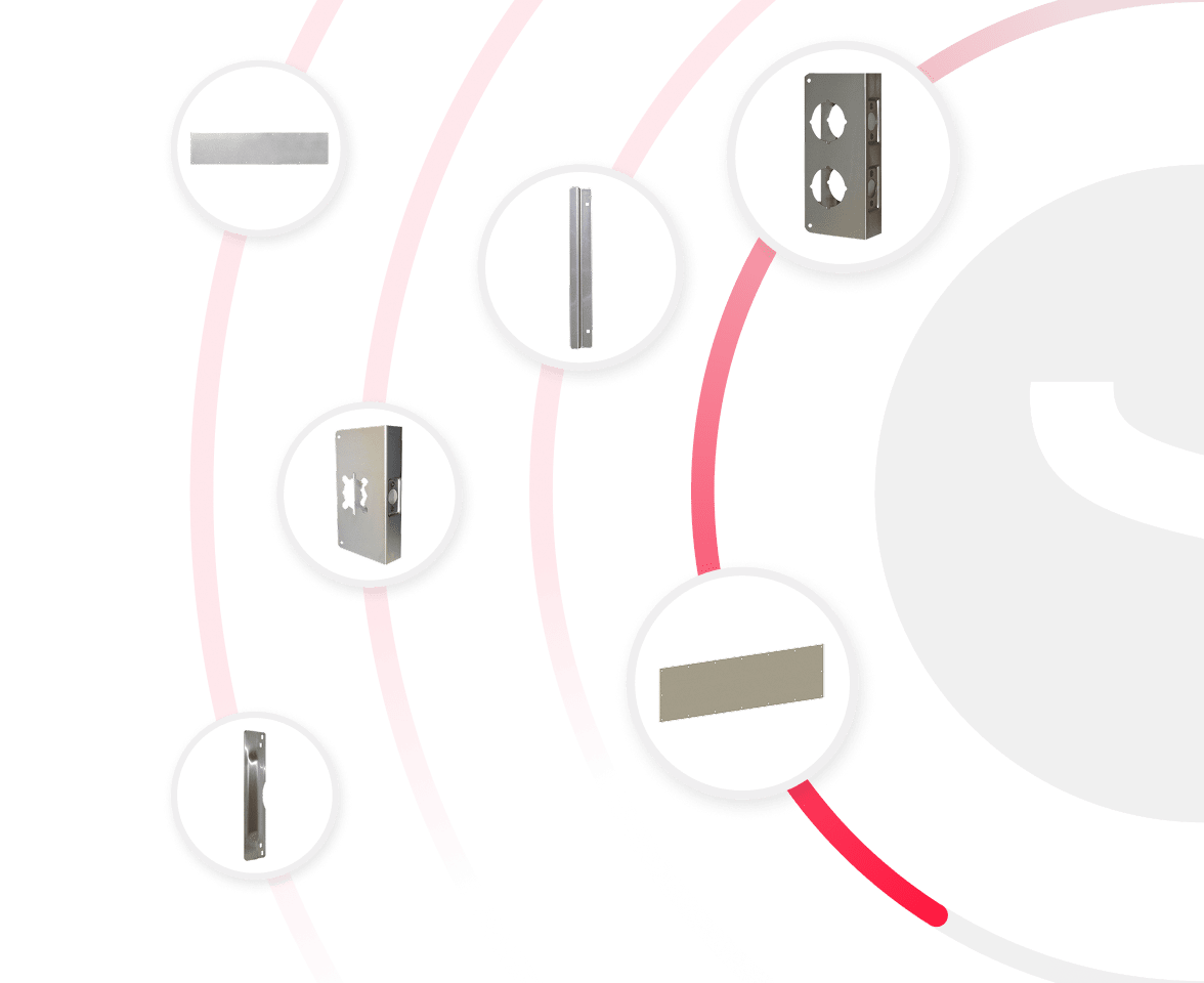 Various door protection hardware products floating on red rings