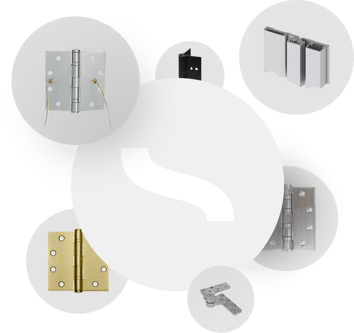 Various door accessory hardware items, in circles, floating around a larger circle containing the SECLOCK logo