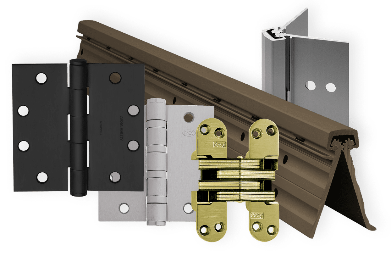 An assortment of commercial hinges arranged near/above each other