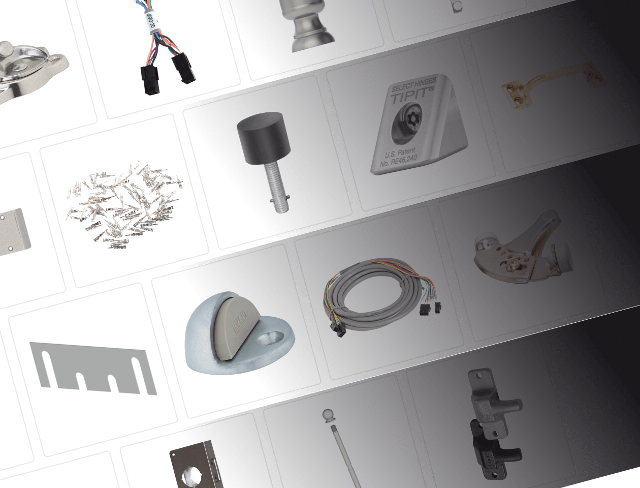 A grid of various hardware accessory parts