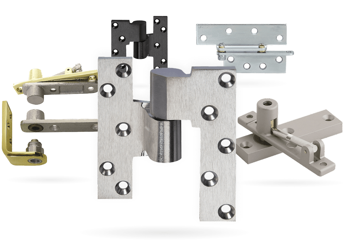 An assortment of pivot hardware products