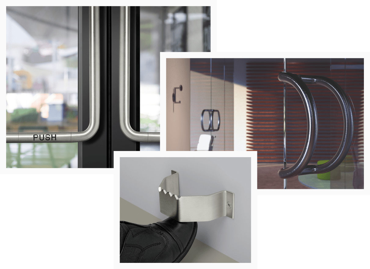 A collage of architectural door pulls and push plates