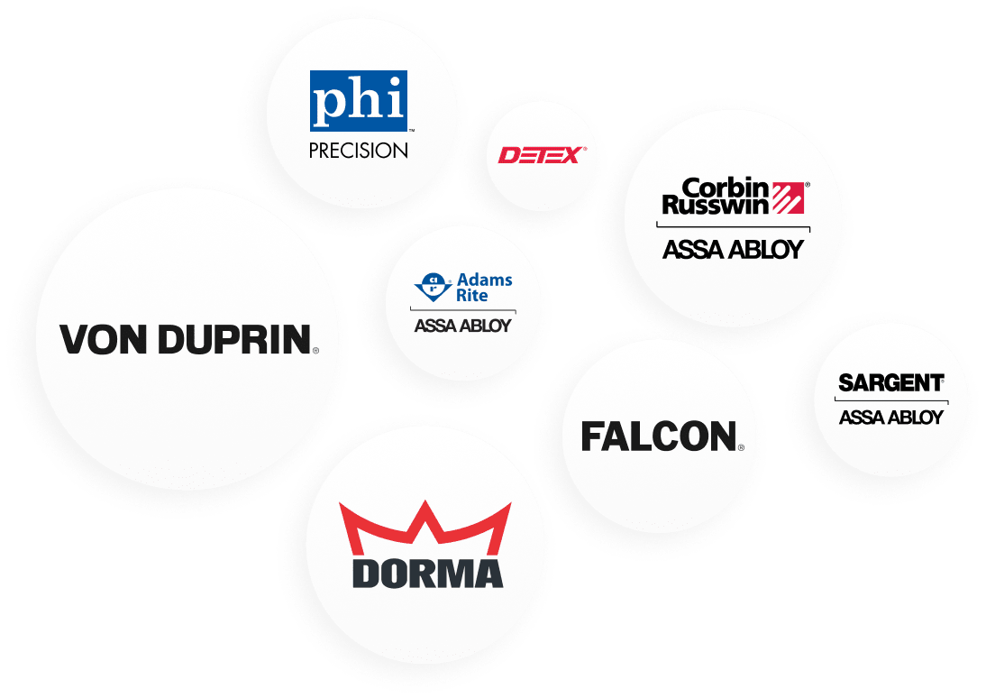 An arrangement of white circles, each with a trusted brand name within