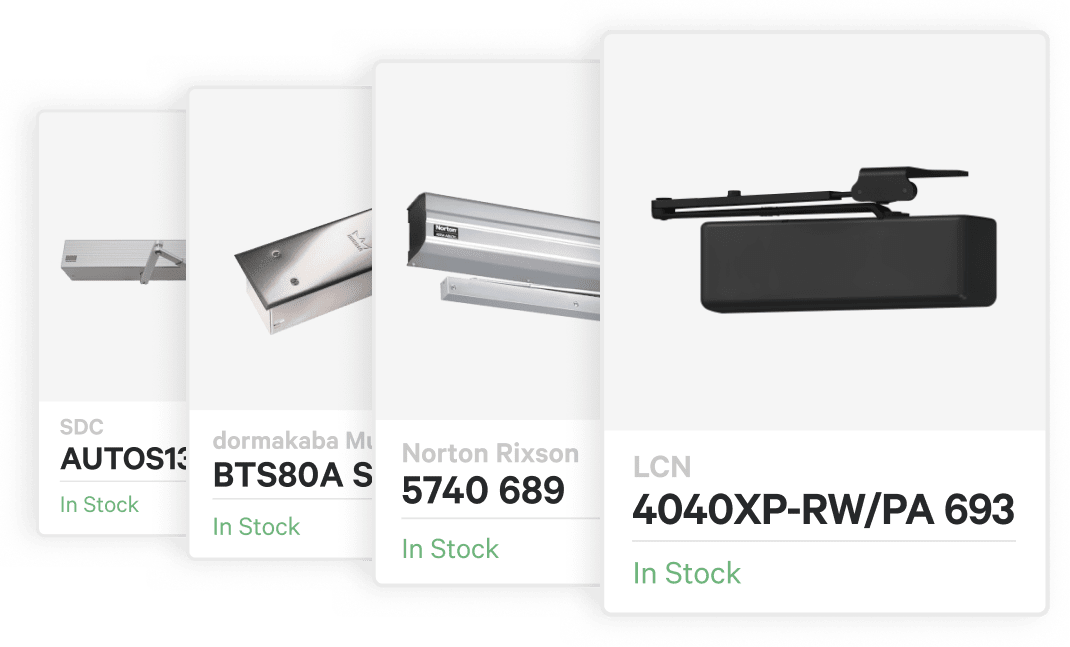 Four product cards, each with a door control photo, brand name, part number, and in-stock status