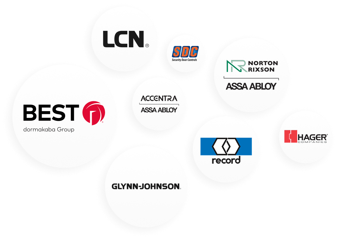 An arrangement of white circles, each with a trusted brand name within