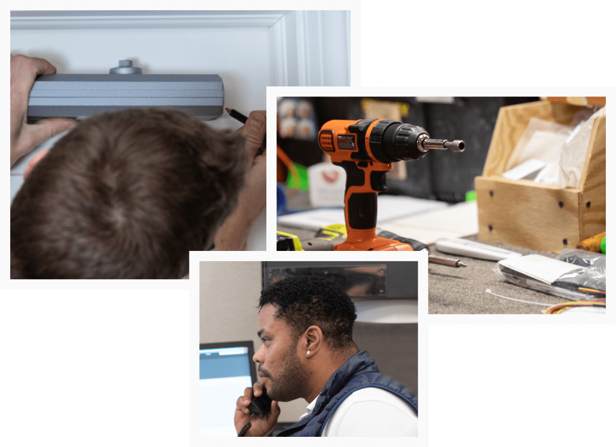 A collage of custom door controls being built and a man on a phone