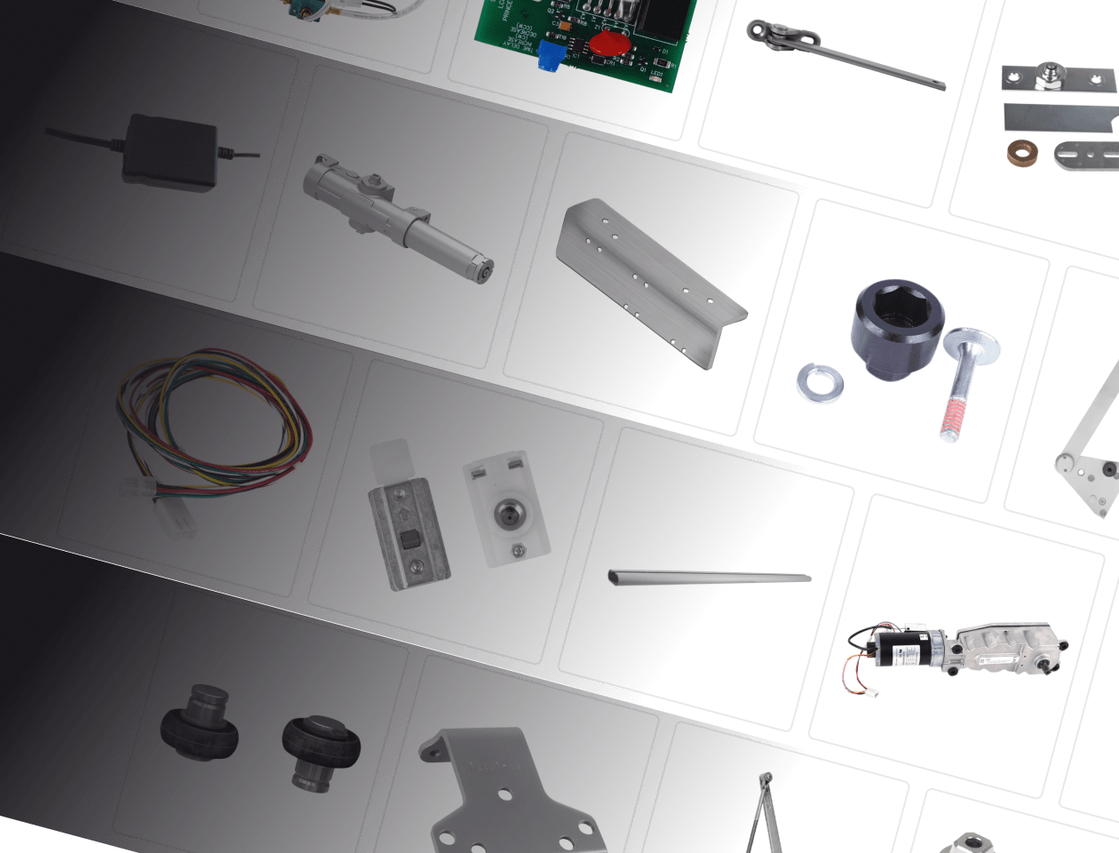 A grid of various door control parts