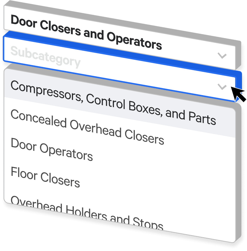 Screenshot of a Door Closers and Operators filtering input showing some subcategories