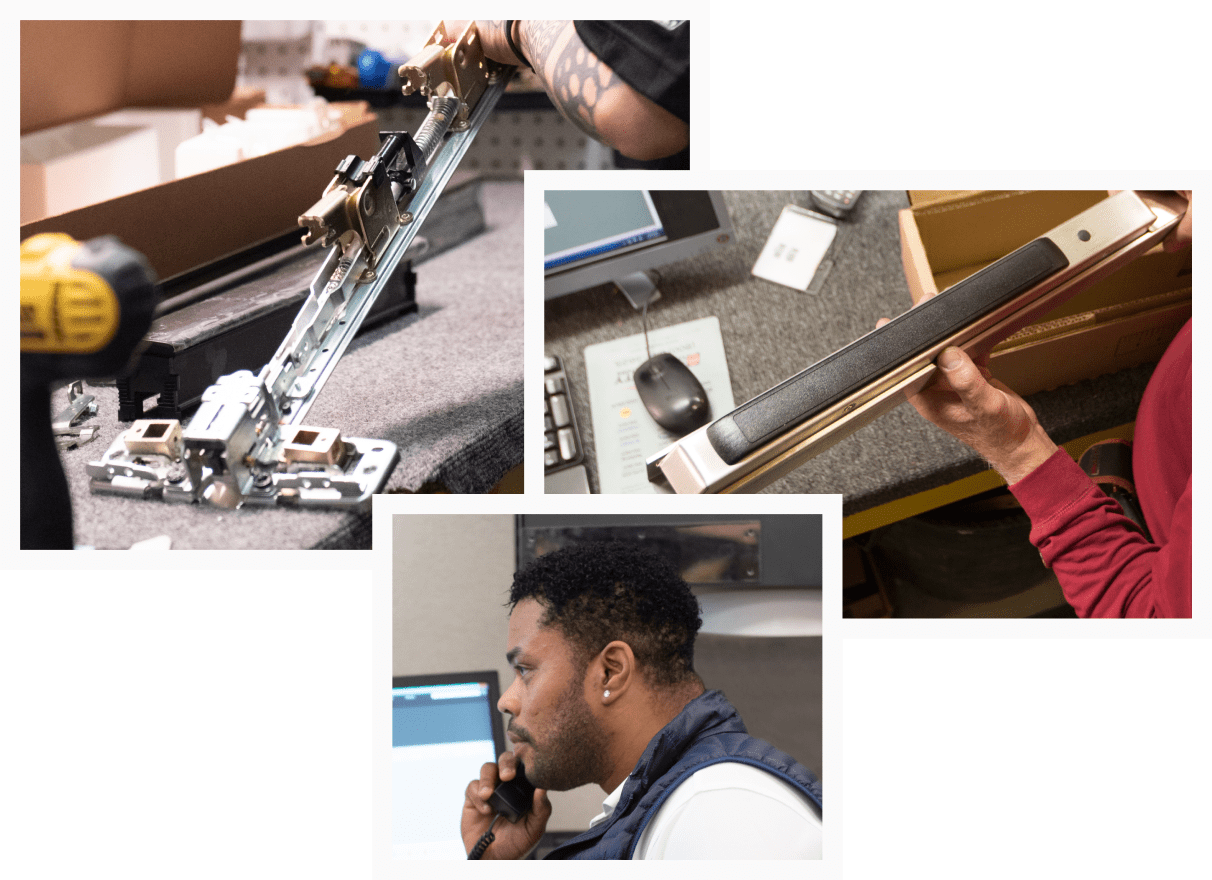 A collage of custom exit devices being built and a man on a phone