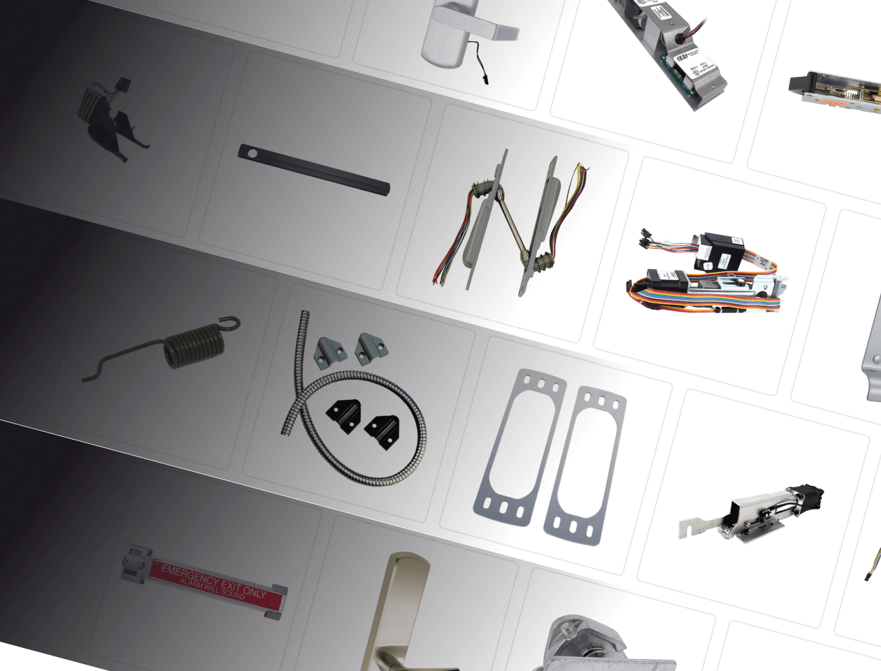 A grid of various exit device parts