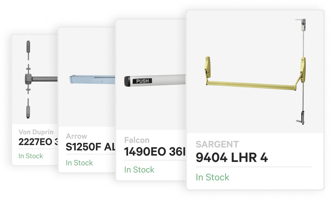 Four product cards, each with an exit device photo, brand name, part number, and in-stock status