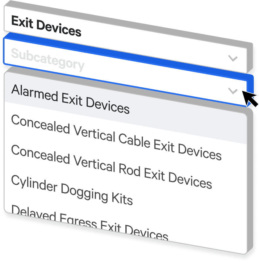 Screenshot of an Exit Devices filtering input showing some subcategories