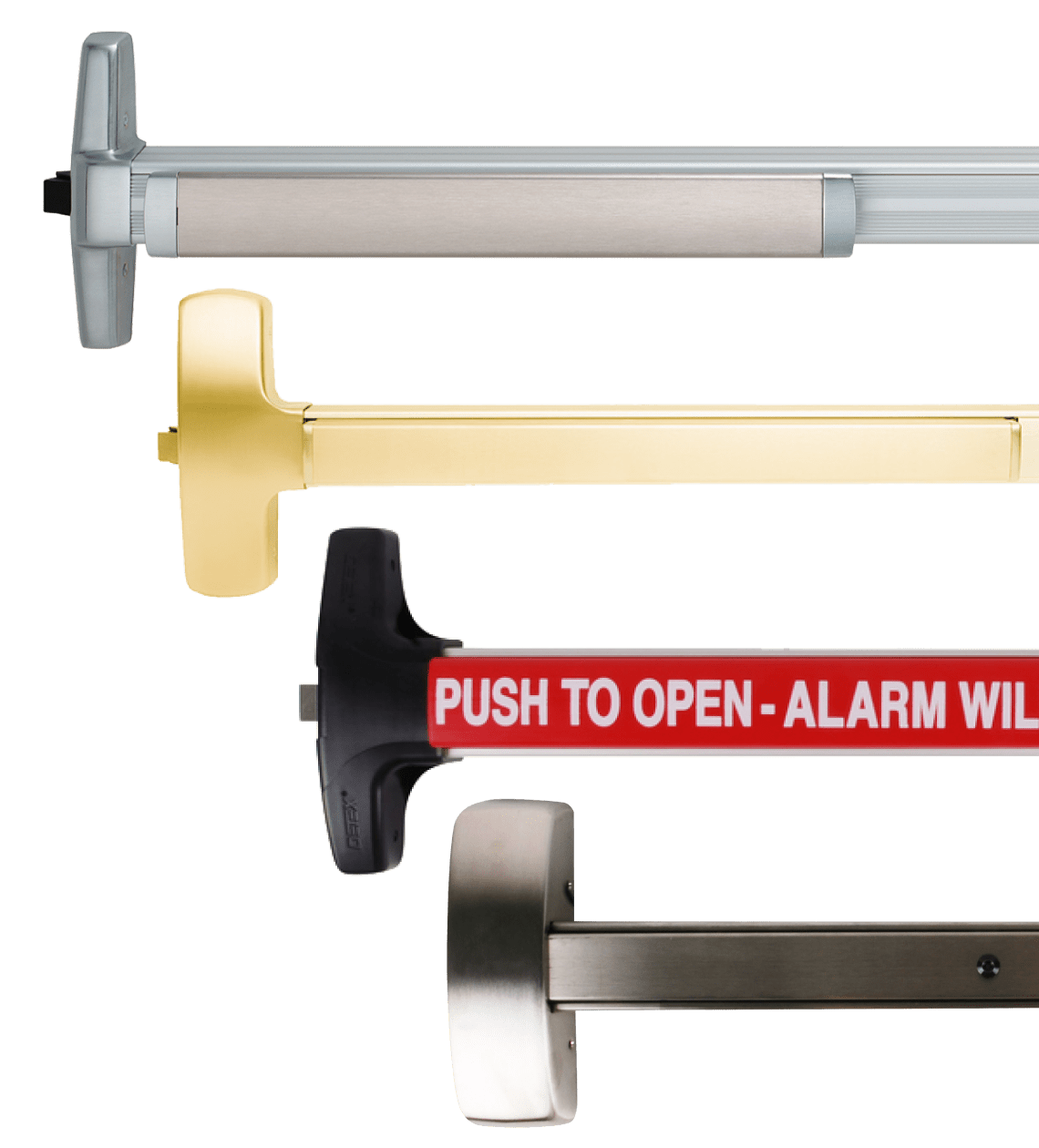 Four rim exit devices in various finishes