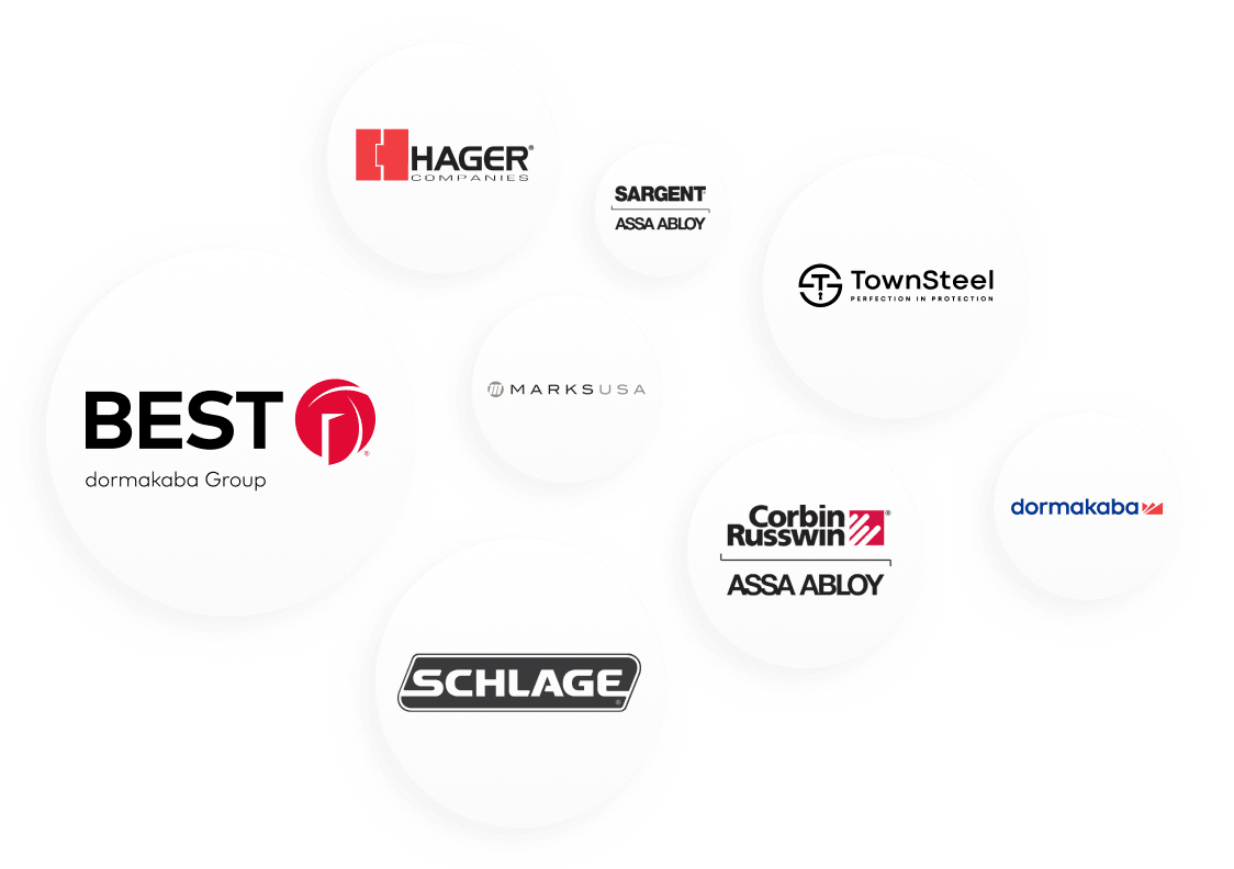 Various brand logos in circles.