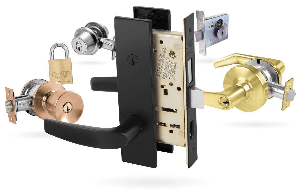 Various mechanical locks in a ring-like arrangement.