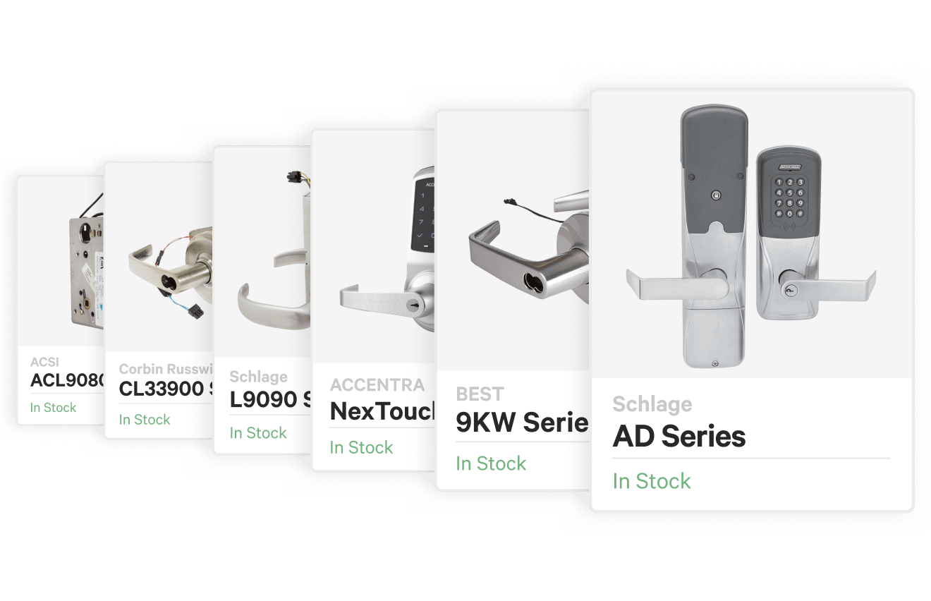 Various mobile-enabled wireless locks in card containers, each with a photo, a brand name, a series name, and an In Stock status.
