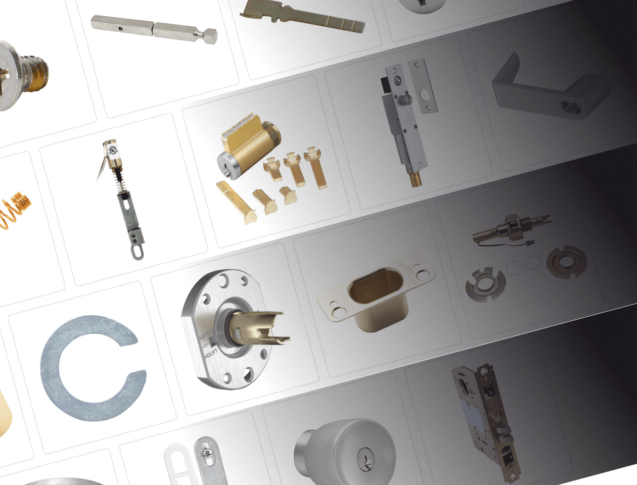 A grid of various lock parts.