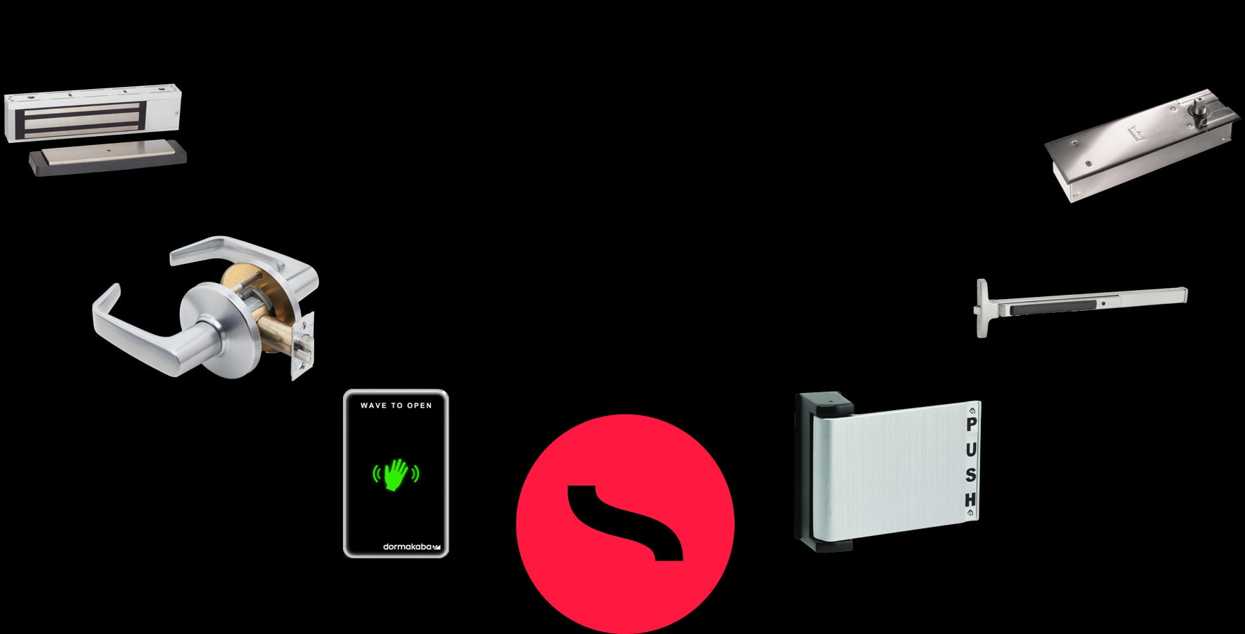 A collage of various door hardware product surrounding the SECLOCK logo