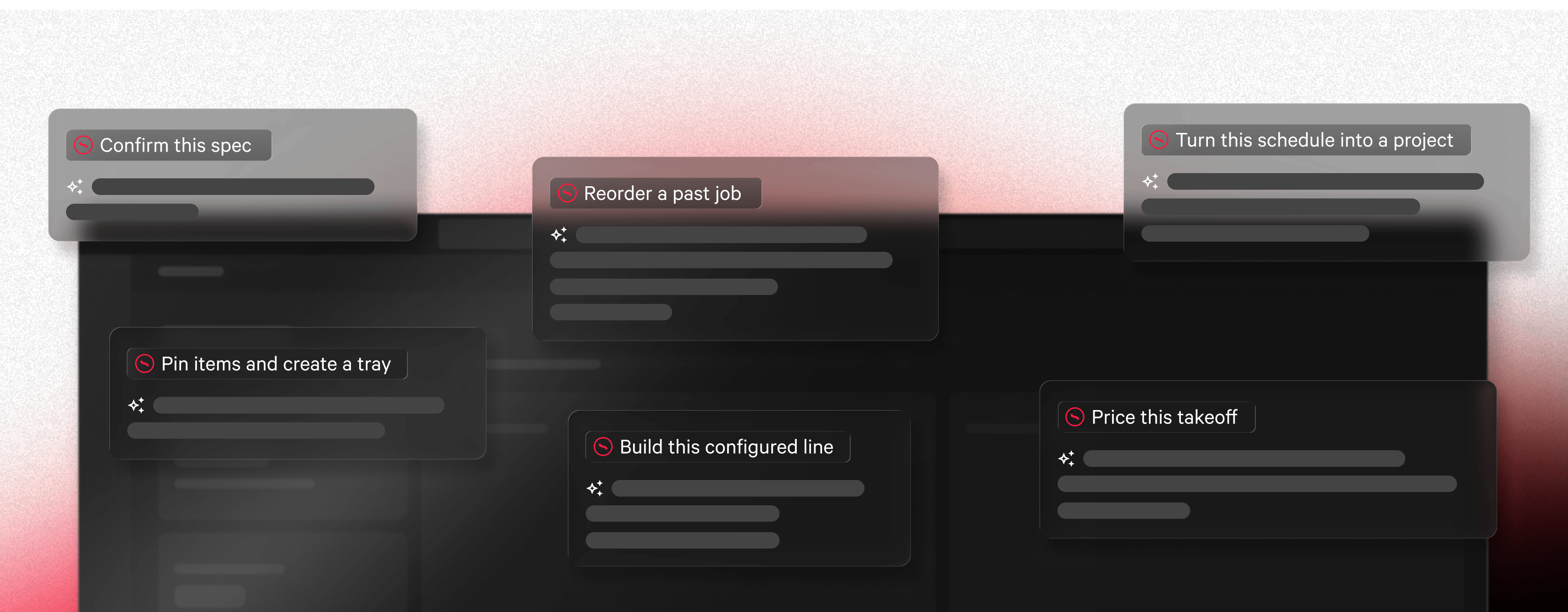 Prompt cards over the Source Mode interface reading turn this schedule into a project, price this takeoff, reorder a past job, and build this configured line