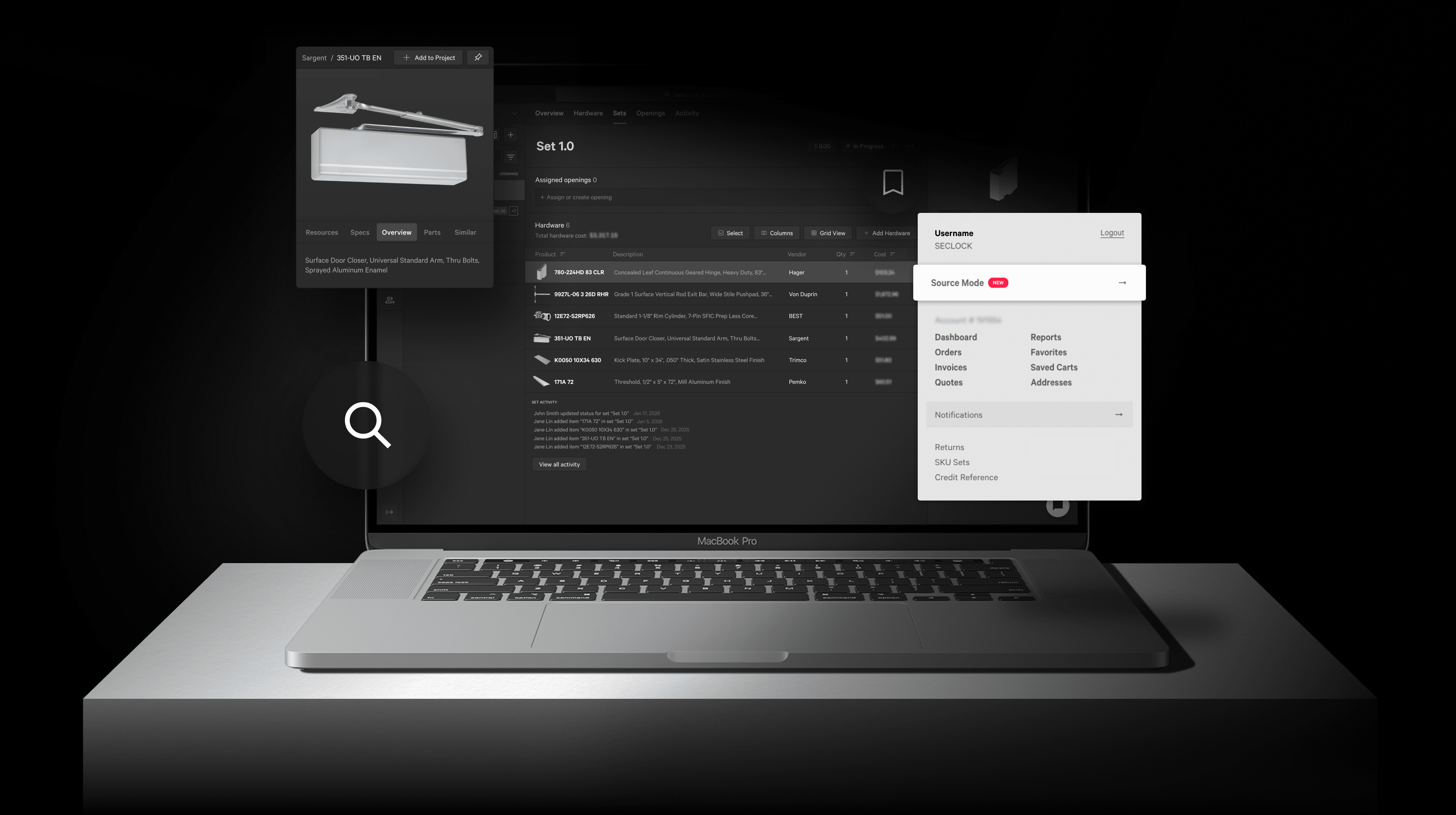 Laptop showing a mocked-up collage of various Source Mode tools and features