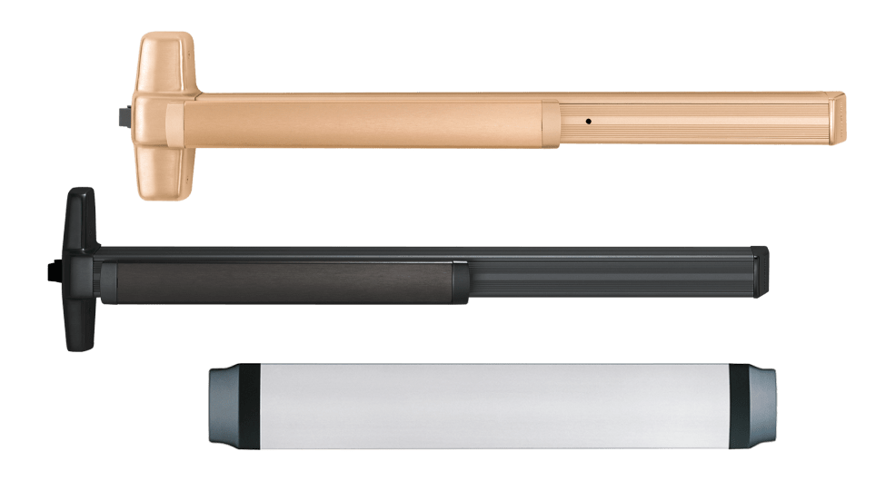 Three commercial exit devices featuring quiet electric latch retraction