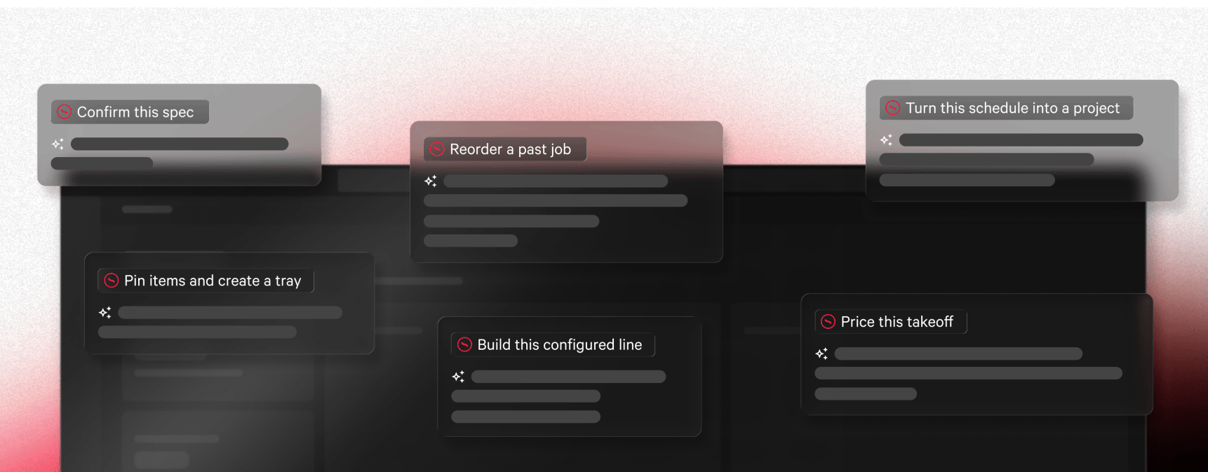 Prompt cards over the Source Mode interface reading turn this schedule into a project, price this takeoff, reorder a past job, and build this configured line